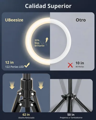 Vista 6 de UBeesize Anillo de luz de 12" con soporte para teléfono superior y soporte Trípode para iPhone con luz de anillo y control remoto, barra transversal