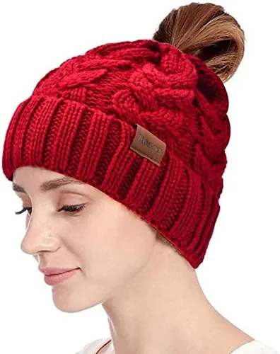 Vista 3 de Rosoz Gorro de cola de caballo para mujer, gorro cálido de invierno, suave, elástico, de punto trenzado, para moño alto