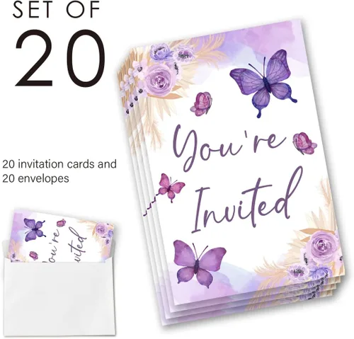 Vista 5 de EUDOSI Juego de 20 invitaciones para baby shower de mariposa con sobres, una pequeña mariposa está en camino, tarjetas de invitación de baby shower