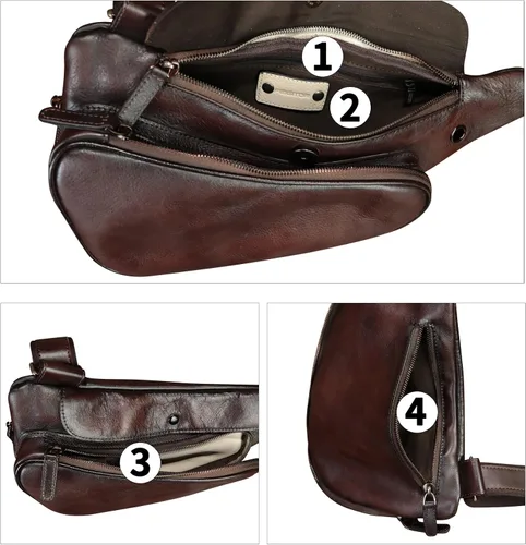Vista 3 de Bolso de cuero genuino para mujeres y hombres, mochila de cuero retro para el pecho, bolso cruzado, Café
