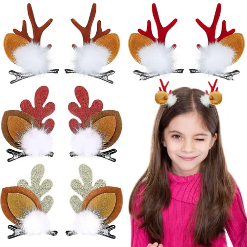 Vista 2 de 8 piezas de pinzas para el cabello de Navidad con diseño de cuernos de reno, con brillo, accesorios para el cabello para mujeres y niñas, ideales