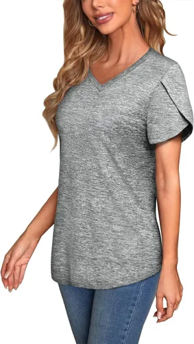 Vista 3 de MISS FORTUNE Camiseta deportiva de manga corta con cuello en V para mujer, manga de pétalo, casual, atlética, absorbe la humedad