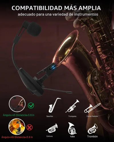 Vista 4 de Micrófono de saxofón, sistema de micrófono inalámbrico recargable UHF con transmisor y receptor de rango de 196 pies, micrófono de condensador