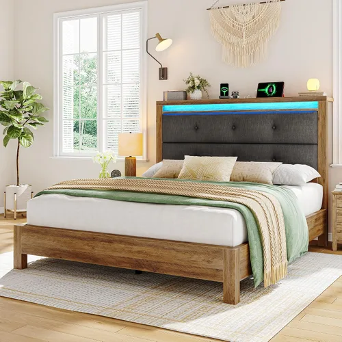 Vista 5 de EnHomee Base de cama de tamaño matrimonial con carga USB y tipo C y luces LED, cabecera de almacenamiento tapizada, cama de plataforma de madera