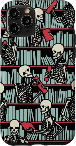 Vista 27 de iPhone 16 Bookish Public Library Skeleton Goth Librarian Books Pattern Case