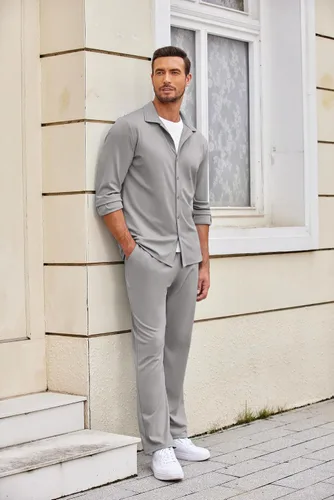 Vista 4 de COOFANDY Conjunto de 2 piezas para hombre, camisa de manga larga con botones, sin arrugas, camisas elásticas