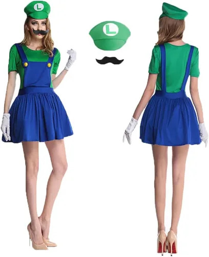 Vista 2 de IDOTTA Super Bros - Disfraz de fontanero para Halloween para niños y adultos, unisex, disfraz con sombreros de Luigi Bros, gorra, bigotes