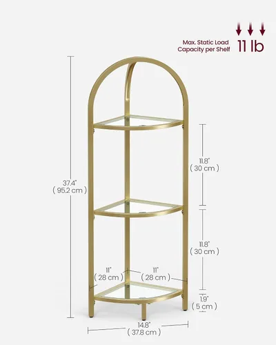 Vista 3 de VASAGLE Estante esquinero de 3 niveles, estantería de esquina, organizador de baño, soporte para plantas, vidrio templado, marco de acero