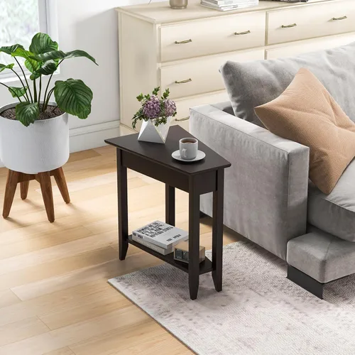 Vista 6 de GIANTEX Mesa auxiliar de cuña, mesa auxiliar triangular con estante de almacenamiento y patas de madera maciza, mesa reclinable, mesita de noche