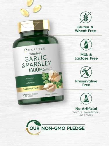 Vista 5 de Carlyle Suplemento de ajo y perejil inodoro 200 cápsulas blandas Fórmula sin OMG y sin gluten