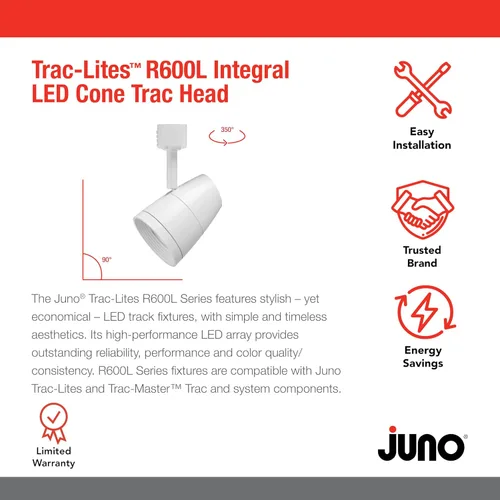 Vista 2 de Juno Lighting R600L G2 2700K 80CRI PDIM FL WH Regulable 9.5W LED Trac Head, equivalente a 50 W, blanco, inundación regular Gen 2