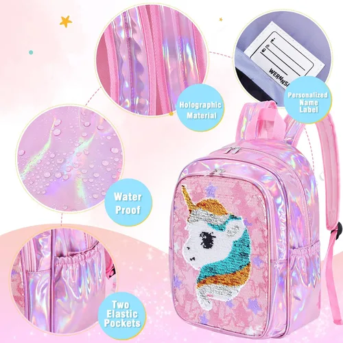 Vista 4 de Mochila de unicornio Mochila escolar holográfica de lentejuelas de unicornio para niños y niñas bolsas de libros preescolar jardín de infantes