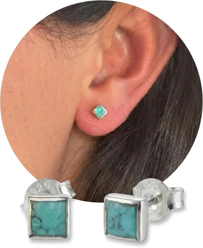 Vista 12 de Sterling Silver Turquoise & Black Onyx Stone Small Stud Earrings, Handmade Minimalist Style Lightweight Comfortable Fit Everyday Wear