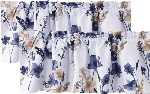 Vista 17 de H.VERSAILTEX cenefas de cortina 100% opacas para ventanas de cocina, juego de 2 paneles, estampado floral Cattleya Leah, cenefas térmicas aisladas