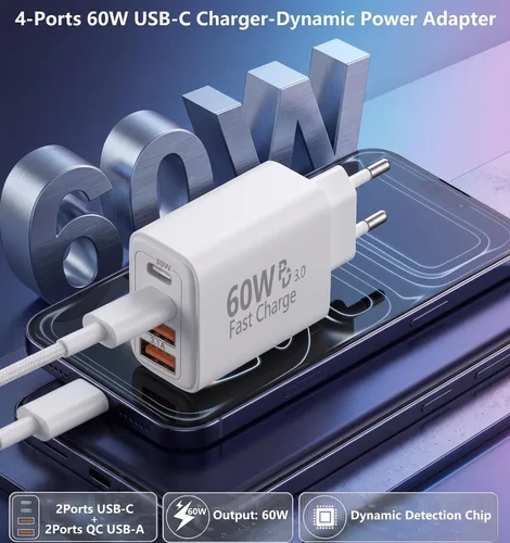 Vista 5 de Adaptador de enchufe de viaje europeo USB C, 60W 4-Port USA a Europa Carga
