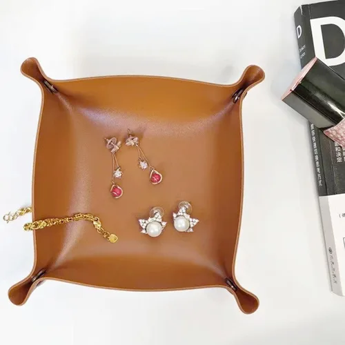 Vista 5 de Bandeja de valet, bandeja EDC Catchall para llaves, relojes, joyas, monedas y billetera, organizador de escritorio (marrón-S)