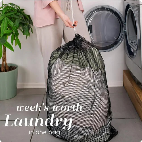 Vista 3 de Bolsa de lavandería de malla XL de Handy Laundry - Duradera, lavable a máquina con cierre de cordón seguro - Perfecta para dormitorios Negro