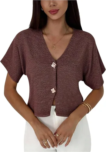 Vista 24 de SOLY HUX Cárdigan de manga corta con cuello en V para mujer Caqui liso.