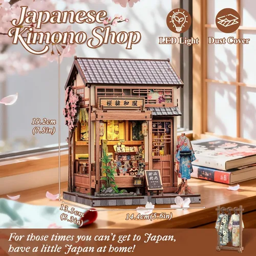 Vista 5 de CUTEBEE Kit de rincón de libro, tienda de kimonos de Sakura japonesa, casa de muñecas en 3D, rompecabezas de madera 3D para adultos y adolescentes