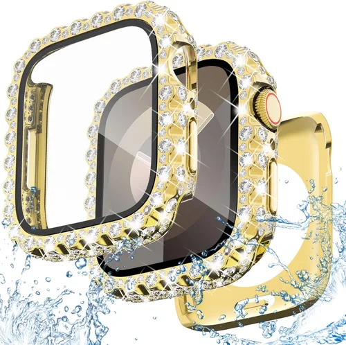 Vista 8 de NewWays Funda impermeable 2 en 1 de 1.575 pulgadas para protector de pantalla de Apple Watch SE Series 6, 5, 4, encaje completo con diamantes