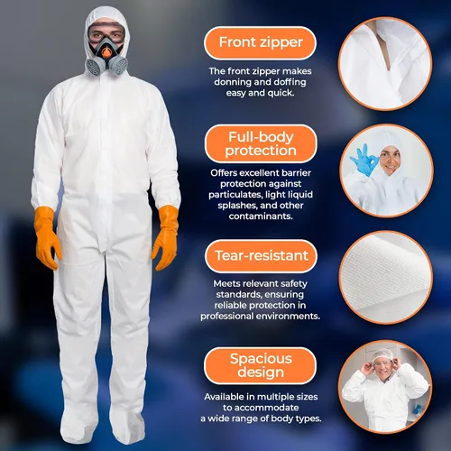 Vista 5 de EZGOODZ Overol desechable con capucha y botas, 2.16 oz/m², color blanco, pequeño, paquete de 5, cremallera frontal, muñecas elásticas y espalda