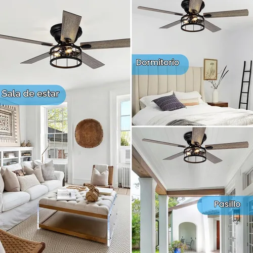 Vista 7 de Ventilador de techo rústico de granja de montaje empotrado de 52 pulgadas con luz y control remoto, motor AC reversible, 5 aspas de doble acabado