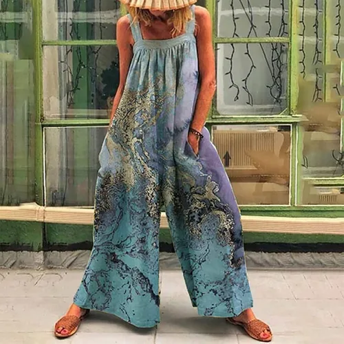 Vista 5 de PANOEGSN Womens Oversized Overalls Summer Bohemian Floral Bib Pants Causal Suspender Pleated Rompers Beach Palazzo Jumpsuits