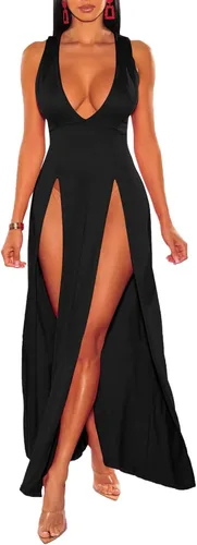Vista 3 de Ekaliy - Vestido largo cruzado sin mangas con cuello en V profundo y abertura frontal para mujer
