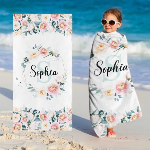 Vista 10 de Toallas de playa personalizadas para bebé niña con nombre para niños y adultos, toalla de baño de algodón con flores de acuarela personalizadas