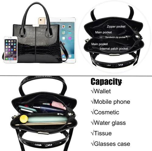 Vista 5 de XingChen Bolso de mano y bolso para mujer, de charol, diseño de cocodrilo, con asa superior, cartera