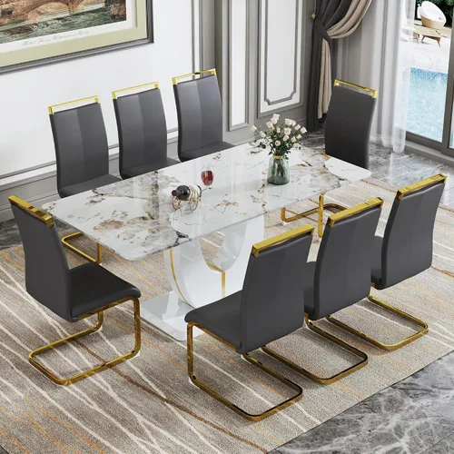 Vista 8 de JUFU Juego de mesa de comedor moderno para 4, juego de mesa de cocina rectangular de 63 pulgadas con mesa de mármol sintético y 4 sillas tapizadas