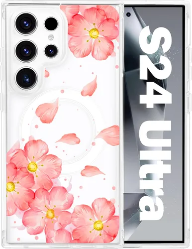 Vista 60 de Funda magnética para Samsung Galaxy S22 Ultra Flower, compatible con MagSafe, patrón floral transparente a prueba de golpes, parte trasera
