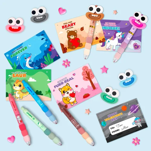 Vista 4 de Tarjetas del día de San Valentín para niños con 24 bolígrafos, regalos del día de San Valentín para la escuela de niños, bolígrafo de sonrisa