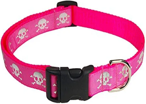 Vista 3 de Collar de perro con calavera reflectante negra: 1/2 pulgada de ancho, se ajusta de 6 a 12 pulgadas, fabricado en Estados Unidos. Negro