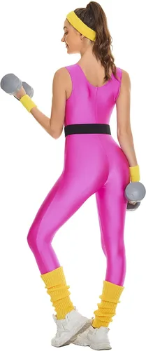 Vista 6 de MIAIULIA - Traje de entrenamiento de los años 80 para mujer, conjunto de accesorios de los años 80, leotardo, leggings de neón, diadema y muñequeras