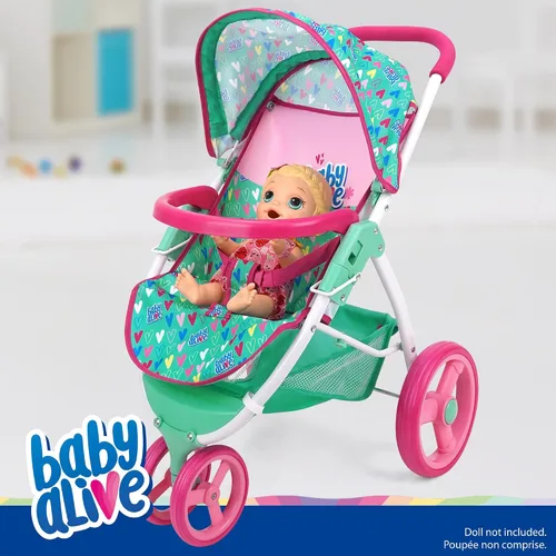 Vista 3 de Baby Alive: Cochecito de muñeca para correr - Verde, Rosa, Corazones - Accesorio para muñecas de hasta 24", Diseño plegable, Toldo retráctil