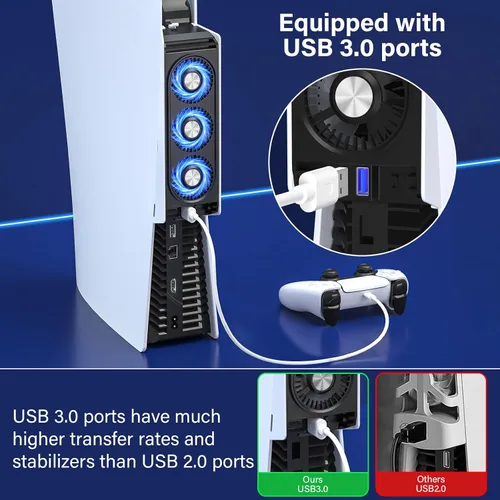 Vista 4 de Cooling Fan for PS5, Quiet Cooler Fan with LED Lights, PS5 Cooling Fan with USB3.0 Hubs, Upgraded Efficient Cooling System for PS5 Accessories, for