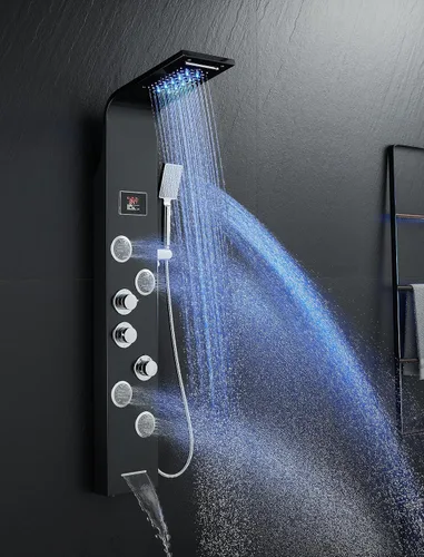 Vista 10 de Sistema de torre de paneles de ducha LED, sistema de panel de ducha de baño de acero inoxidable SUS304 con 4 chorros de cuerpo, lluvia, cascada