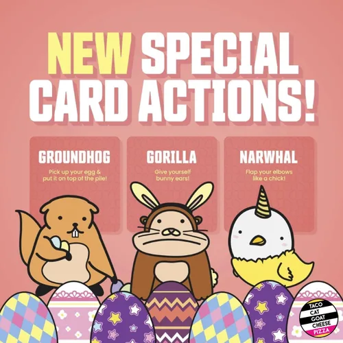 Vista 6 de Taco Cat Goat Cheese Pizza Edición Pascua Juego de cartas para noche de juegos familiares Relleno de cesta de Pascua sin dulces Rondas de 15