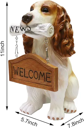 Vista 4 de Nature's Mark Estatua de cachorro de perro Cocker Spaniel con letrero de bienvenida reversible y letrero de marcha de resina, decoración de jardín