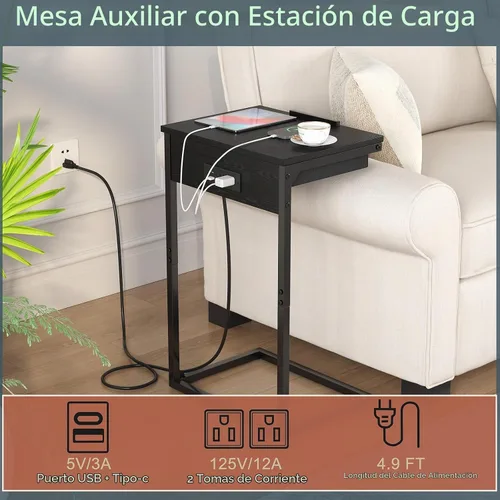 Vista 5 de sthmec Mesa auxiliar en forma de C con estación de carga, mesa auxiliar abatible ajustable de 45° con almacenamiento, mesa pequeña en C para Negro