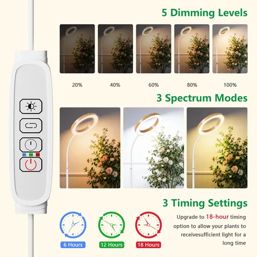 Vista 5 de SDOVUERC Luz de crecimiento de espectro completo con soporte para plantas de interior, luz de plantas de suelo, temporizador de 6/12/18H, 3 modos