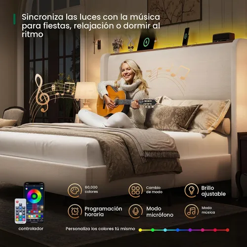 Vista 3 de LARMACE Base de cama tamaño Queen con luces LED y estación de carga, base de cama de plataforma tapizada de lino con cabecera de 51.2 pulgadas