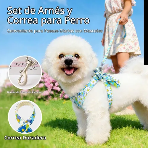 Vista 5 de BAEJMJK Juego de arnés y correa para perro con lazo sin tirones, arnés floral de margaritas para mascotas con anillo en D, chaleco de arnés de malla