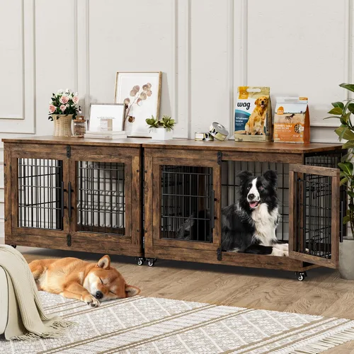 Vista 17 de YaFiti Mueble de jaula para perros con cojín, perrera de madera para interiores con puertas dobles, jaula para perros con ruedas, mesa auxiliar