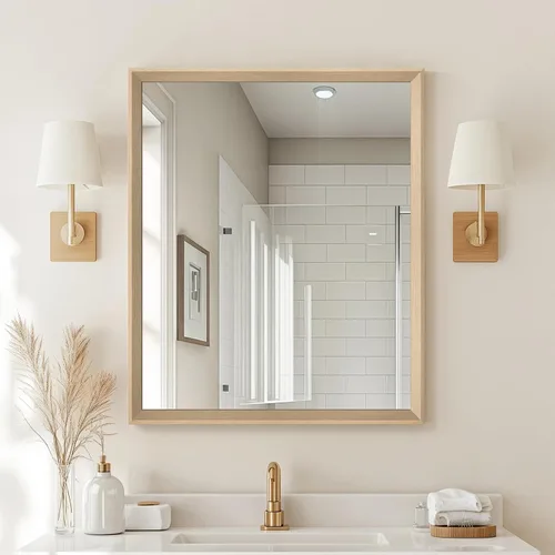 Vista 26 de Espejo de Pared Enmarcado con Efecto de Madera de Roble, Espejo Rectangular de 16x20, Vidrio Templado Anti-desplatado de 1/8", Marco Sostenible