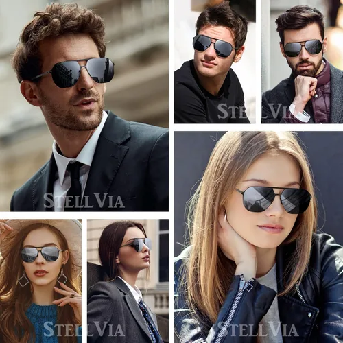 Vista 7 de Lentes de sol modernos de aviador para hombres y mujeres, lentes polarizados ultraligeros con marco de metal, lente de espejo plateado, protección