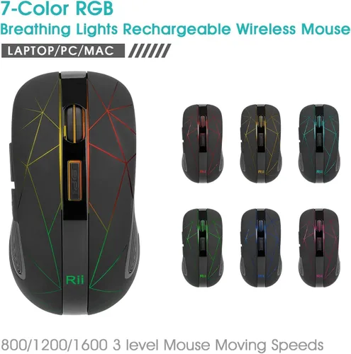 Vista 2 de Rii Ratón inalámbrico LED, ratón óptico ergonómico de 2.4 G con receptor USB, mouse portátil recargable para PC, Mac, tableta, Chromebook, portátil
