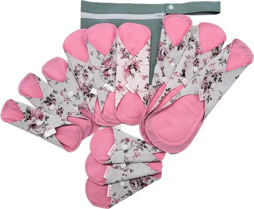 Vista 4 de Lilind Paquete de 12 almohadillas de tela orgánica en flores vintage con bolsa húmeda, juego de iniciación jumbo, servilletas sanitarias menstruales