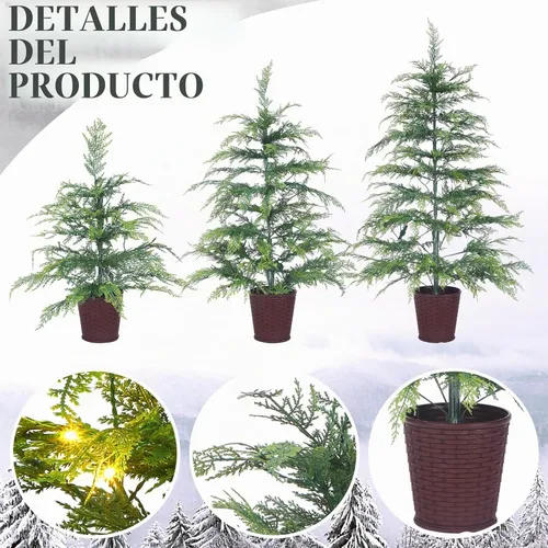 Vista 3 de Cinnyvoice Set of 3 Pre-lit Potted Christmas Tree with led, 2 ft, 3ft,4 ft Árbol de ciprés artificial preiluminado con base de cesta tejida